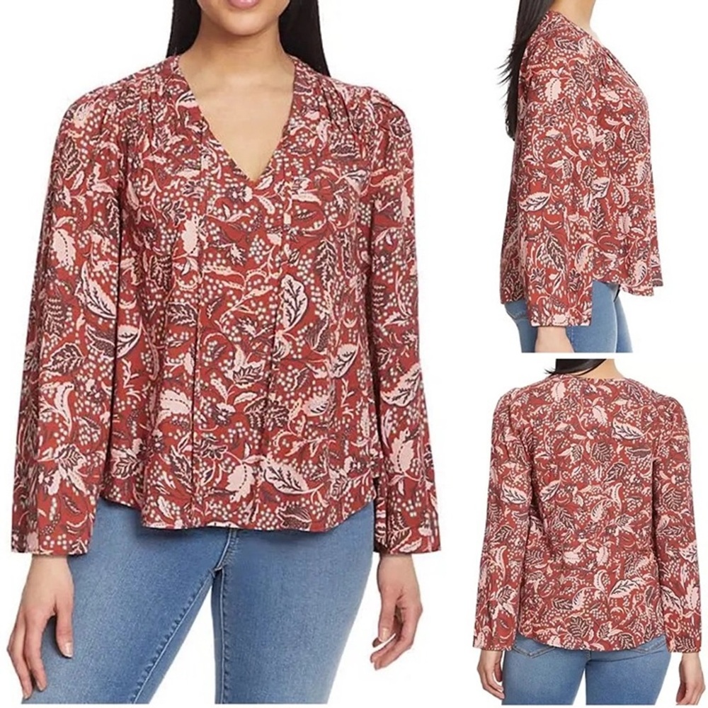 Jessica Simpson Leslie Boho Mother Nature Red Floral Leaf V Neck Top XXL NWT